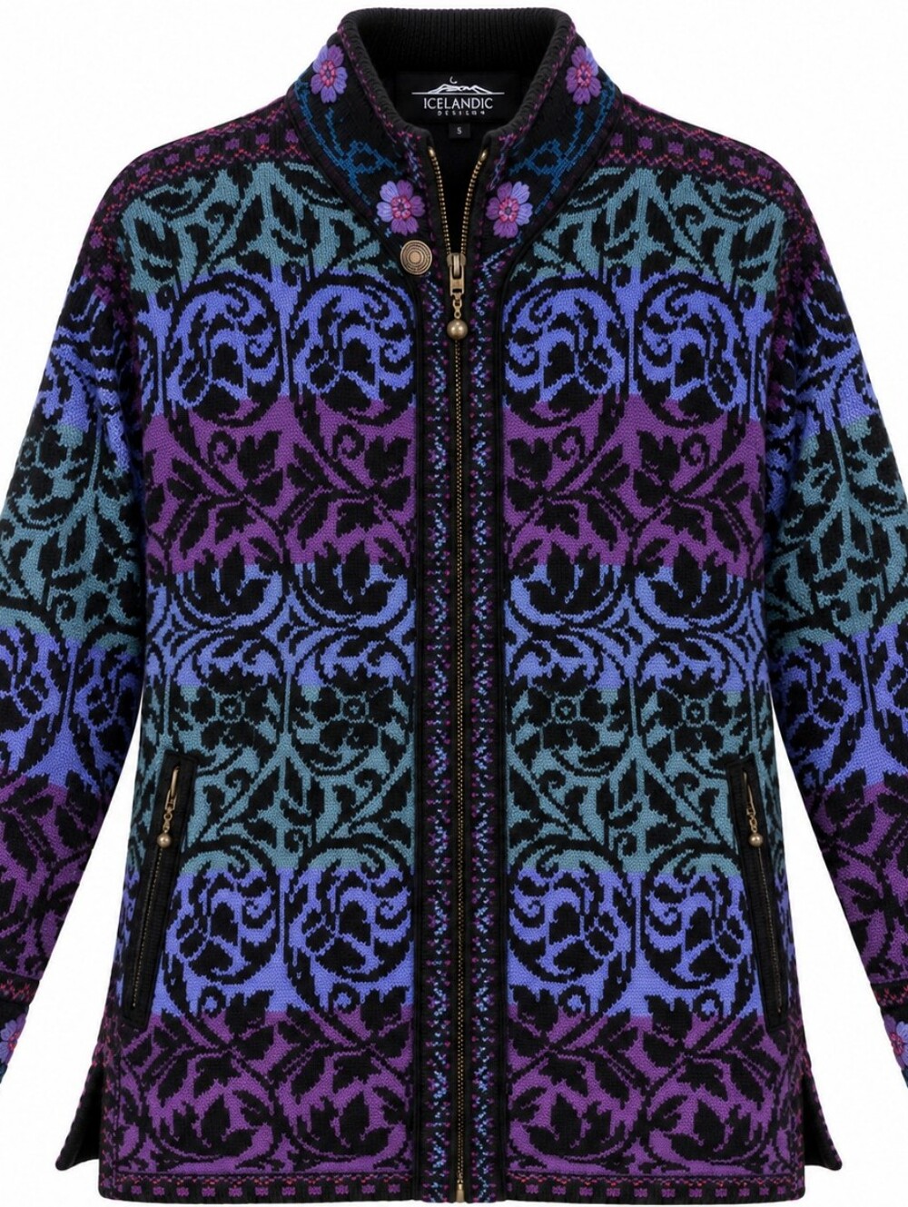 Icelandic Design Wool Blend Cardigan Jacket S Purple Teal Tapestry Boho Zip
